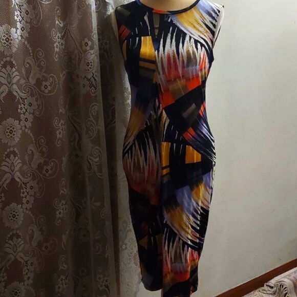 Apt. 9, size S orange‎ lavender yellow black geometric pullover spandex dress - Picture 1 of 8